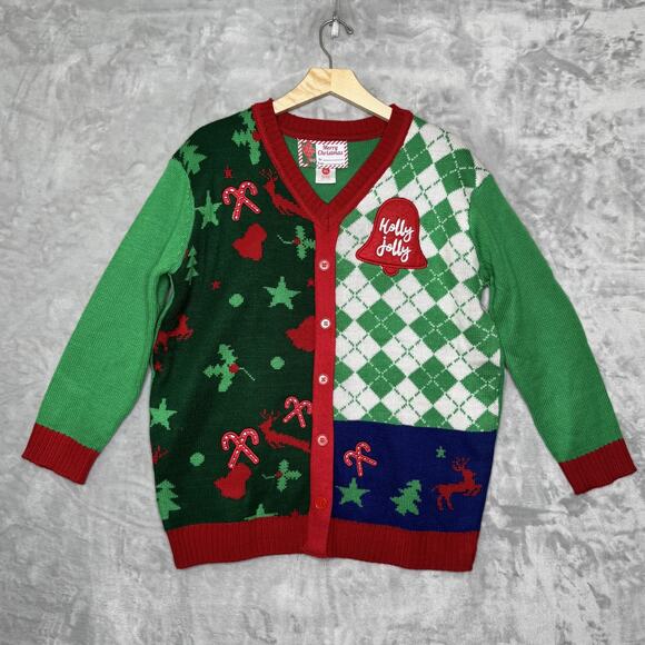 Merry Christmas Sweater Mens Extra Large Green Red Ugly Holiday Cardigan Acrylic - Picture 1 of 9